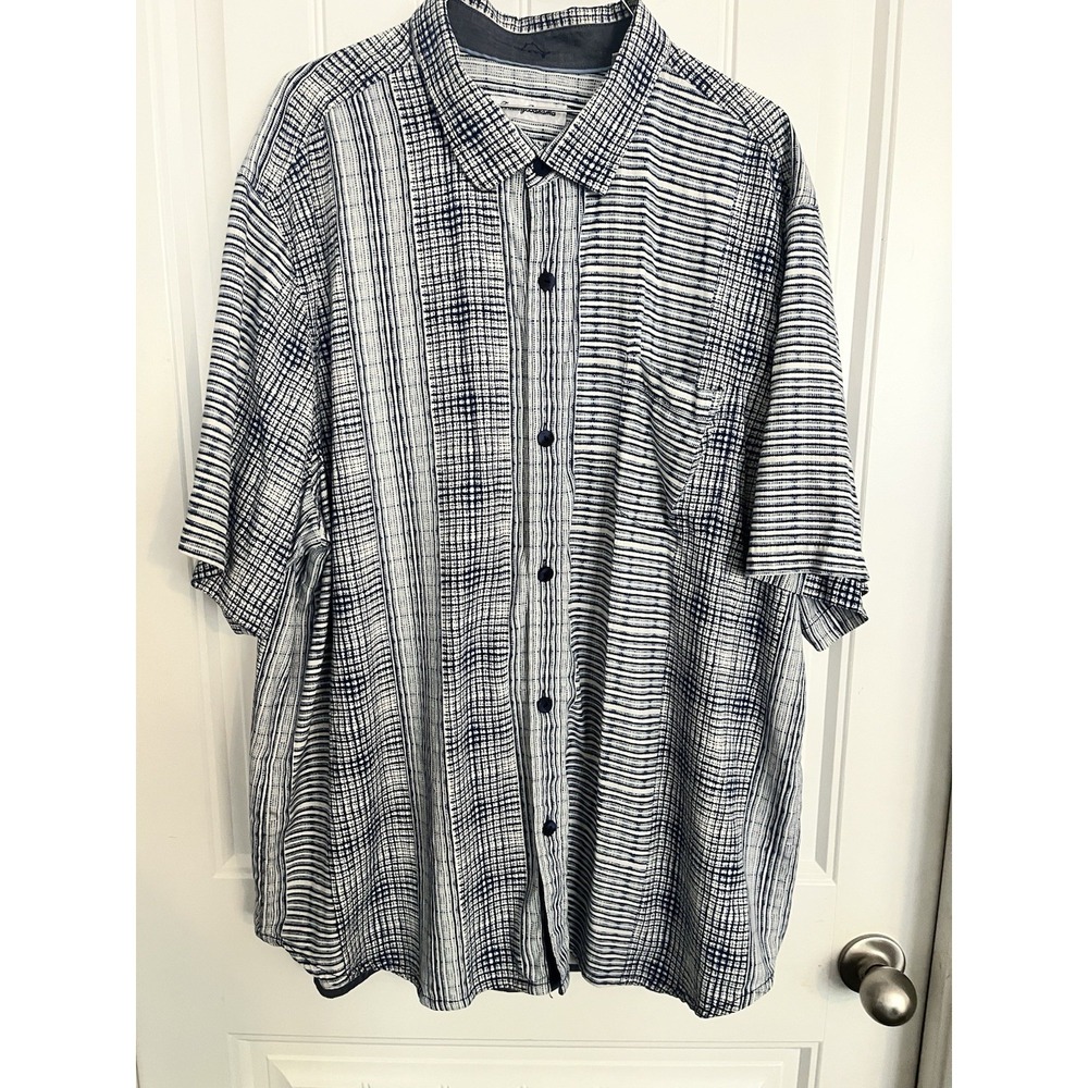Tommy Bahama Shirt Mens Size 2XL Blue Striped 100% Silk Short Sleeve Button 726